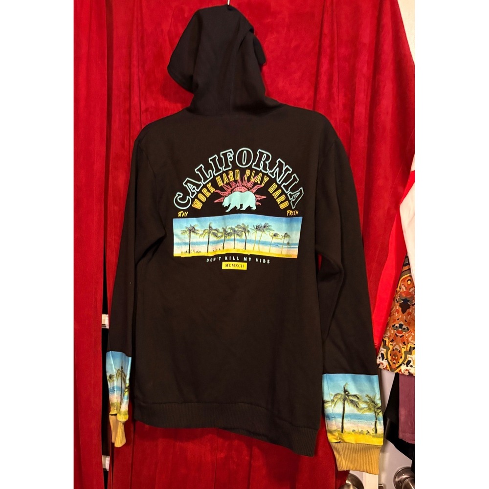 Fresh Laundry California Graphic Hoodie Mens M Black Good Beach Print Cuffs